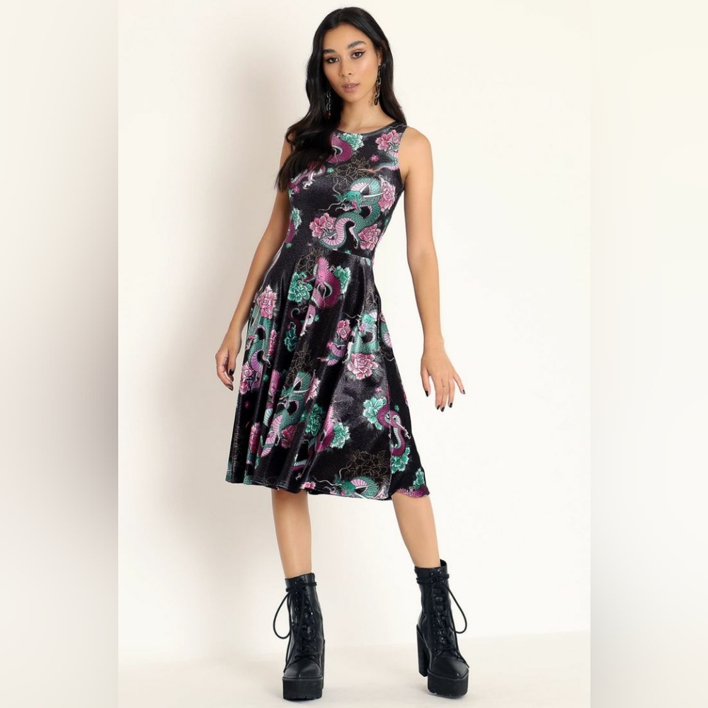 Blackmilk Dragon Bouquet Velvet Midi Dress